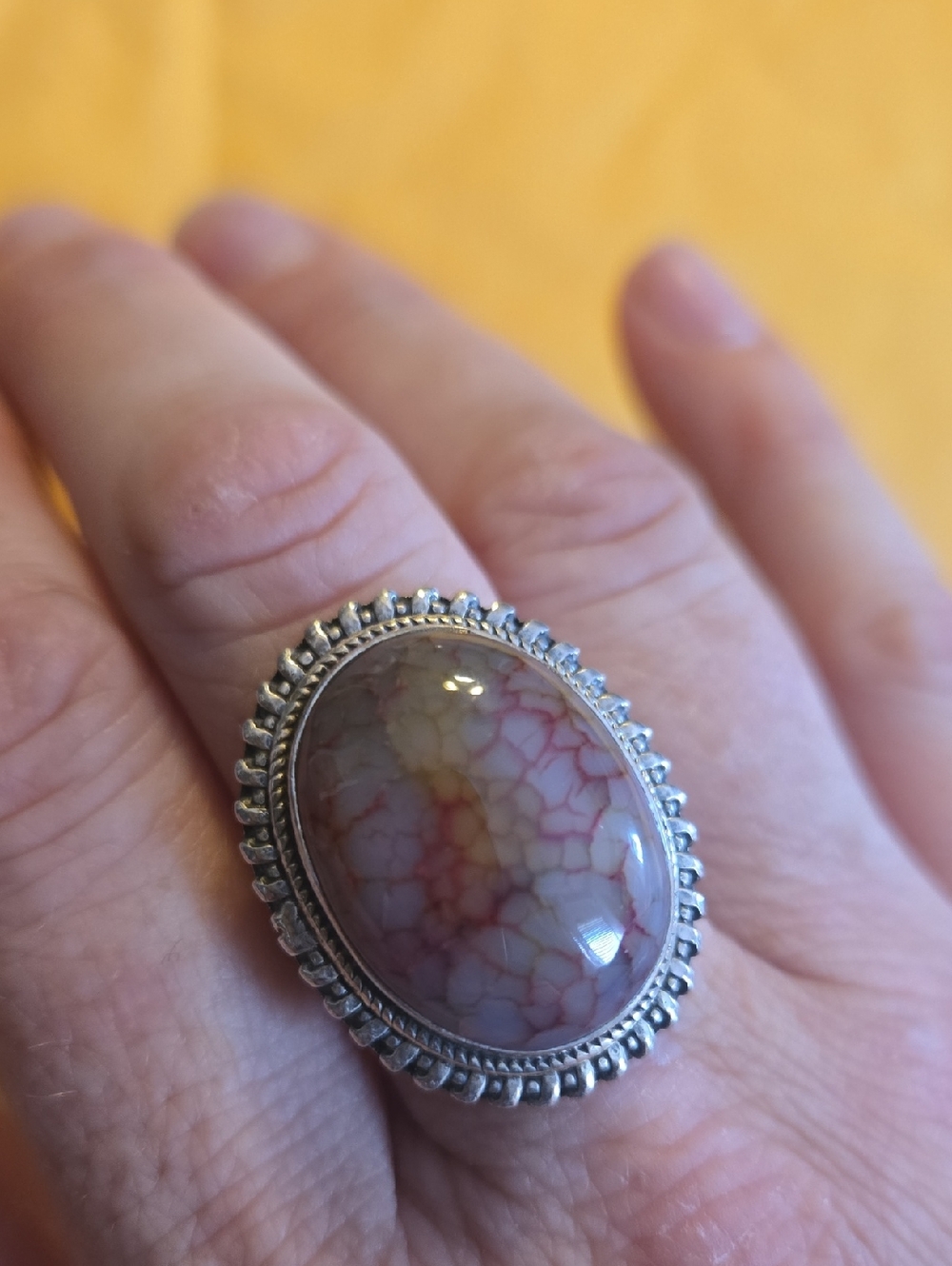 Spider Web Crackled Agate Sterling Silver Gemstone Ring Size 8